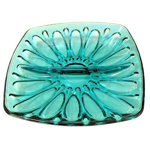 Vintage Mid Century Pressed Art Glass Relish Tray Divided Dish Brilliant Blue